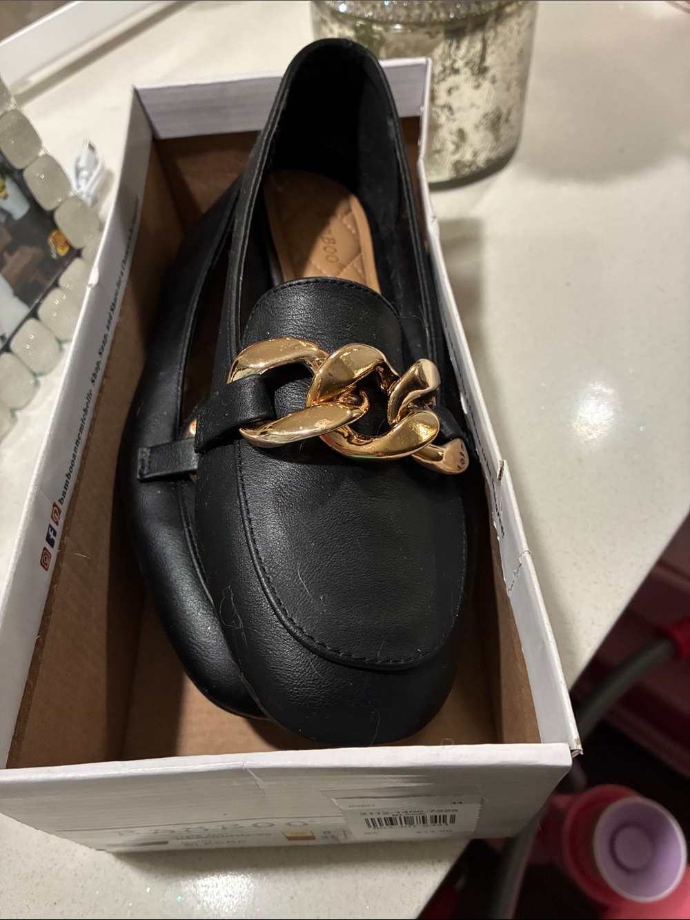 BAMBOO Black Loafers with Gold Chain Accent
